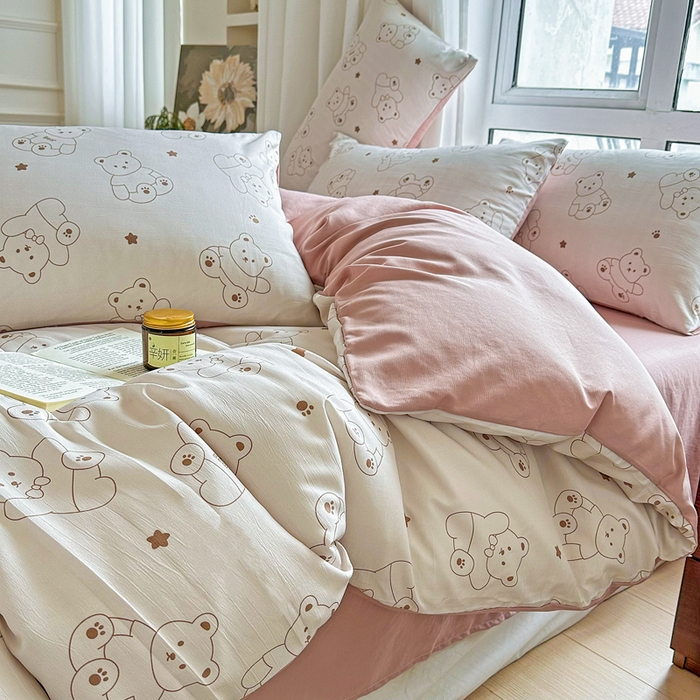 91家纺网 家纺一手货源 找家纺 美莱 2023直播爆款水洗棉麻四件套小清新套件可谈价 可爱熊