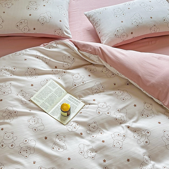 91家纺网 家纺一手货源 找家纺 美莱 2023直播爆款水洗棉麻四件套小清新套件可谈价 可爱熊