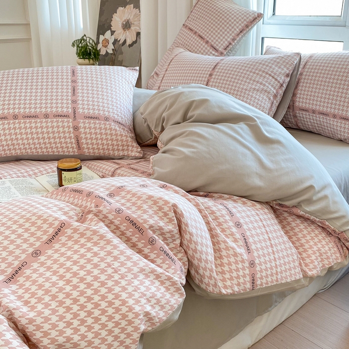 91家纺网 家纺一手货源 找家纺 美莱 2023直播爆款水洗棉麻四件套小清新套件可谈价 千鸟格