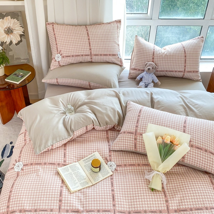 91家纺网 家纺一手货源 找家纺 美莱 2023直播爆款水洗棉麻四件套小清新套件可谈价 千鸟格