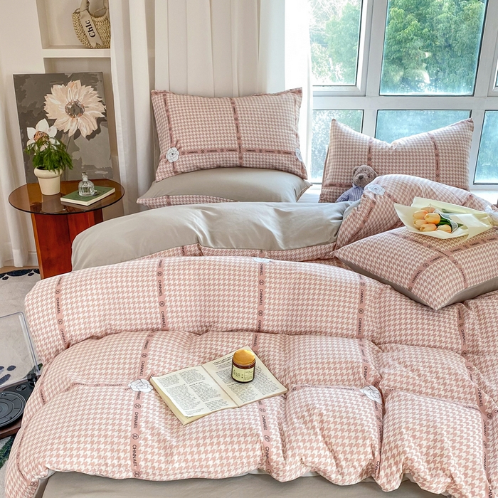 91家纺网 家纺一手货源 找家纺 美莱 2023直播爆款水洗棉麻四件套小清新套件可谈价 千鸟格