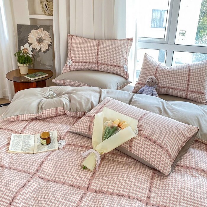 91家纺网 家纺一手货源 找家纺 美莱 2023直播爆款水洗棉麻四件套小清新套件可谈价 千鸟格