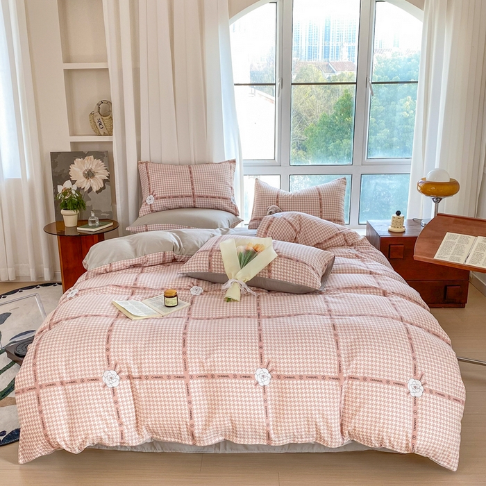 91家纺网 家纺一手货源 找家纺 美莱 2023直播爆款水洗棉麻四件套小清新套件可谈价 千鸟格