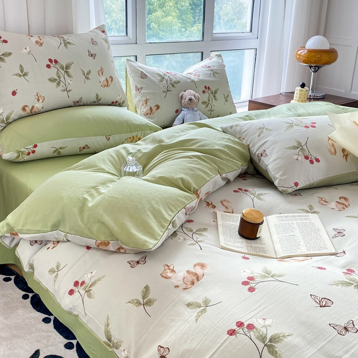 91家纺网 家纺一手货源 找家纺 美莱 2023直播爆款水洗棉麻四件套小清新套件可谈价 跳跳鼠