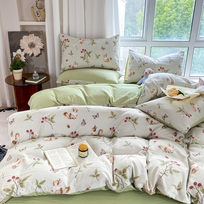 91家纺网 家纺一手货源 找家纺 美莱 2023直播爆款水洗棉麻四件套小清新套件可谈价 跳跳鼠