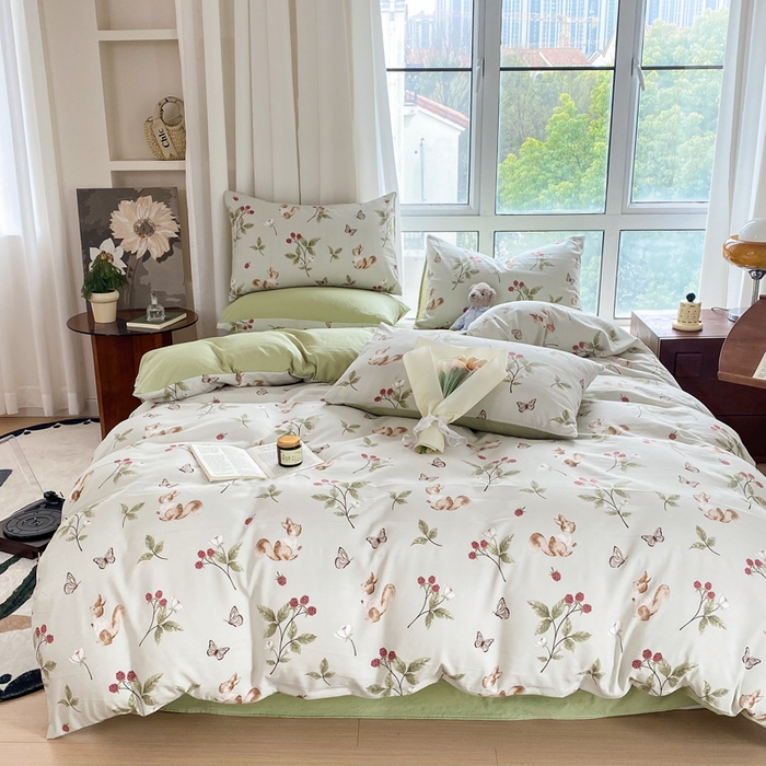 91家纺网 家纺一手货源 找家纺 美莱 2023直播爆款水洗棉麻四件套小清新套件可谈价 跳跳鼠