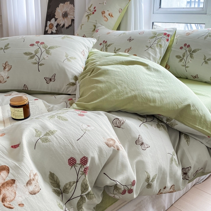 91家纺网 家纺一手货源 找家纺 美莱 2023直播爆款水洗棉麻四件套小清新套件可谈价 跳跳鼠