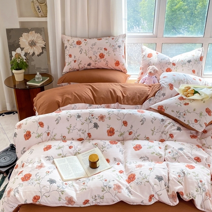 91家纺网 家纺一手货源 找家纺 美莱 2023直播爆款水洗棉麻四件套小清新套件可谈价 夕颜,夕颜