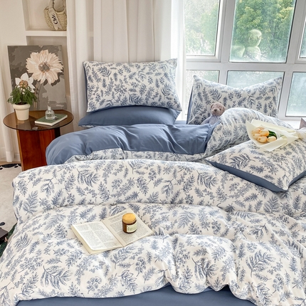 91家纺网 家纺一手货源 找家纺 美莱 2023直播爆款水洗棉麻四件套小清新套件可谈价 叶叶情丝,叶叶情丝