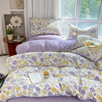 91家纺网 家纺一手货源 找家纺 美莱 2023直播爆款水洗棉麻四件套小清新套件可谈价 紫棠,紫棠