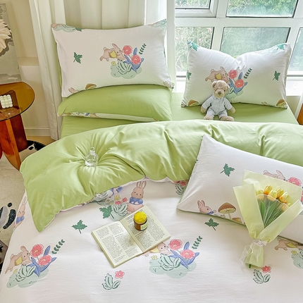 91家纺网 家纺一手货源 找家纺 美莱 2023直播爆款水洗棉麻四件套小清新套件可谈价 彼得兔