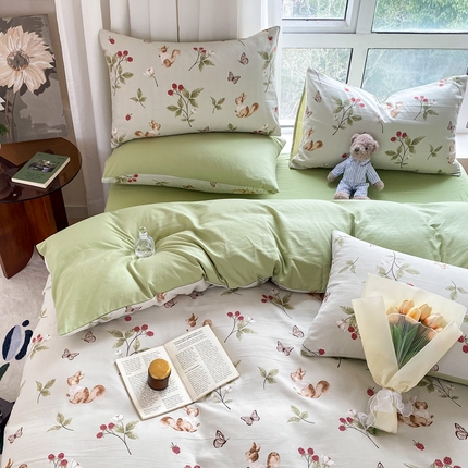 91家纺网 家纺一手货源 找家纺 美莱 2023直播爆款水洗棉麻四件套小清新套件可谈价 跳跳鼠