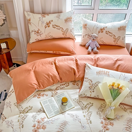 91家纺网 家纺一手货源 找家纺 美莱 2023直播爆款水洗棉麻四件套小清新套件可谈价 一叶知秋