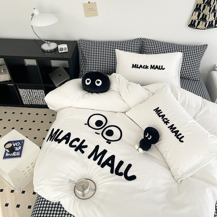 曼谷 新款毛巾绣四件套ins煤球图案柔软磨毛水洗棉套件  煤球-小黑