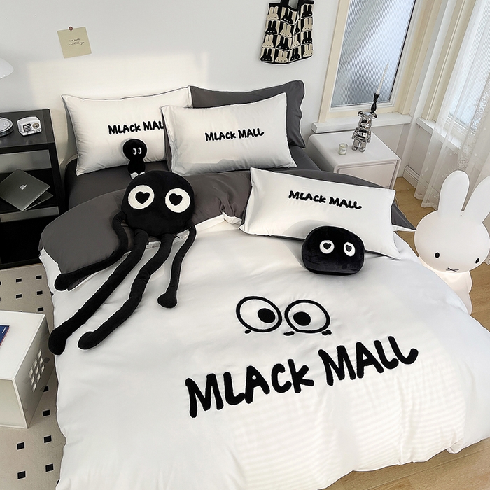 91家纺网 家纺一手货源 找家纺 曼谷 新款毛巾绣四件套ins煤球图案柔软磨毛水洗棉套件 煤球-深灰