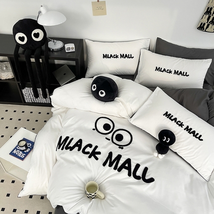 曼谷 新款毛巾绣四件套ins煤球图案柔软磨毛水洗棉套件 煤球-深灰