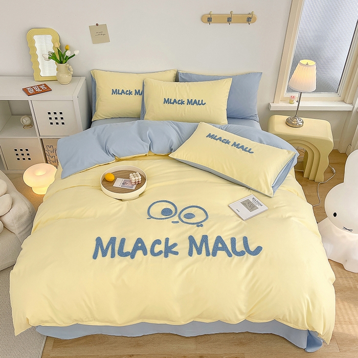 91家纺网 家纺一手货源 找家纺 曼谷 新款毛巾绣四件套ins煤球图案柔软磨毛水洗棉套件 煤球-芝士蓝