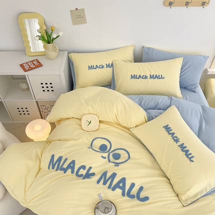 曼谷 新款毛巾绣四件套ins煤球图案柔软磨毛水洗棉套件 煤球-芝士蓝