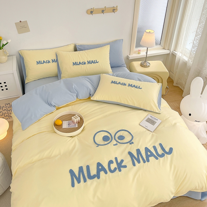 91家纺网 家纺一手货源 找家纺 曼谷 新款毛巾绣四件套ins煤球图案柔软磨毛水洗棉套件 煤球-芝士蓝