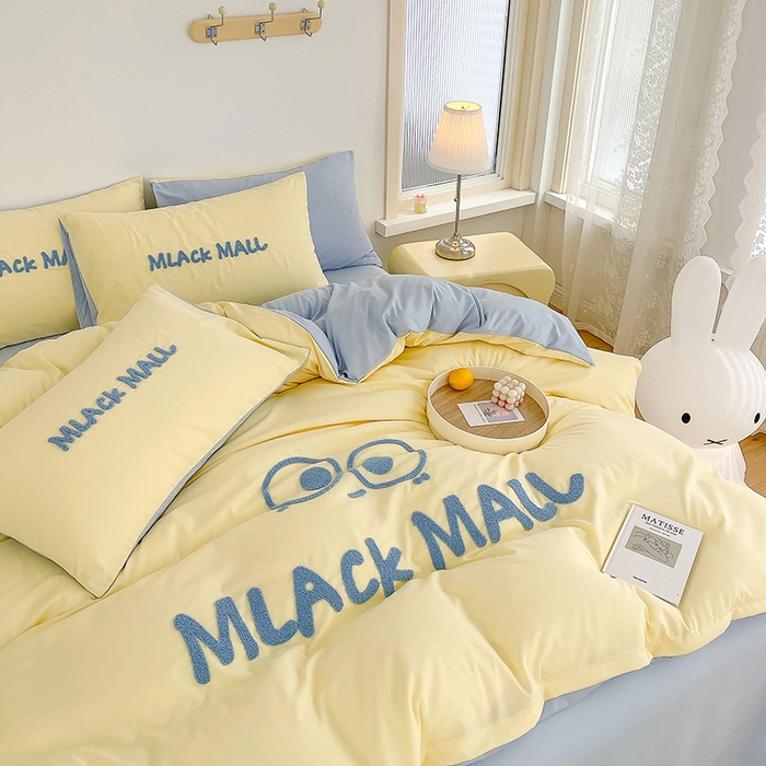 91家纺网 家纺一手货源 找家纺 曼谷 新款毛巾绣四件套ins煤球图案柔软磨毛水洗棉套件 煤球-芝士蓝