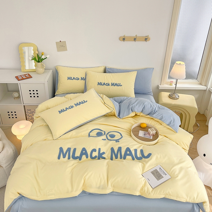 91家纺网 家纺一手货源 找家纺 曼谷 新款毛巾绣四件套ins煤球图案柔软磨毛水洗棉套件 煤球-芝士蓝