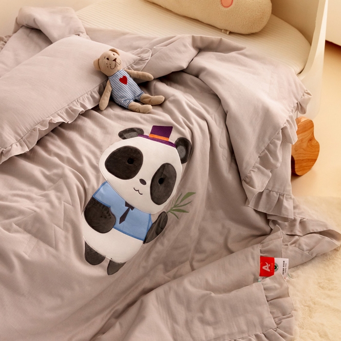 91家纺网 家纺一手货源 找家纺 喜多兔 2023新款小轻柔纱布纯棉双层纱空调被 灰色萌熊猫
