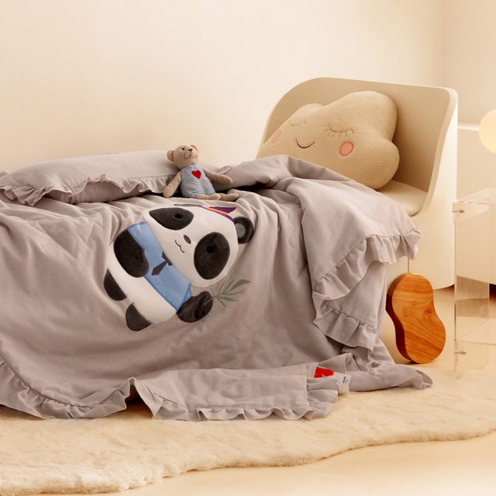 91家纺网 家纺一手货源 找家纺 喜多兔 2023新款小轻柔纱布纯棉双层纱空调被 灰色萌熊猫