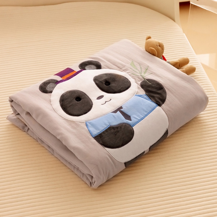 91家纺网 家纺一手货源 找家纺 喜多兔 2023新款小轻柔纱布纯棉双层纱空调被 灰色萌熊猫