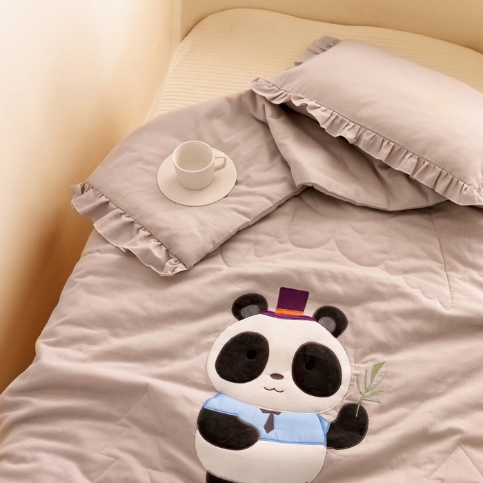 91家纺网 家纺一手货源 找家纺 喜多兔 2023新款小轻柔纱布纯棉双层纱空调被 灰色萌熊猫