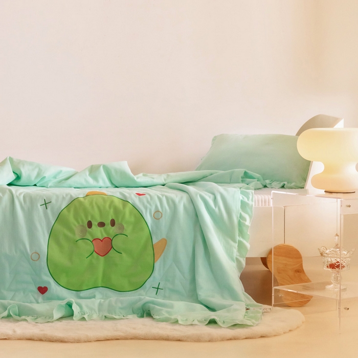 91家纺网 家纺一手货源 找家纺 喜多兔 2023新款小轻柔纱布纯棉双层纱空调被 绿色Q恐龙