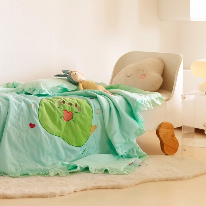 91家纺网 家纺一手货源 找家纺 喜多兔 2023新款小轻柔纱布纯棉双层纱空调被 绿色Q恐龙
