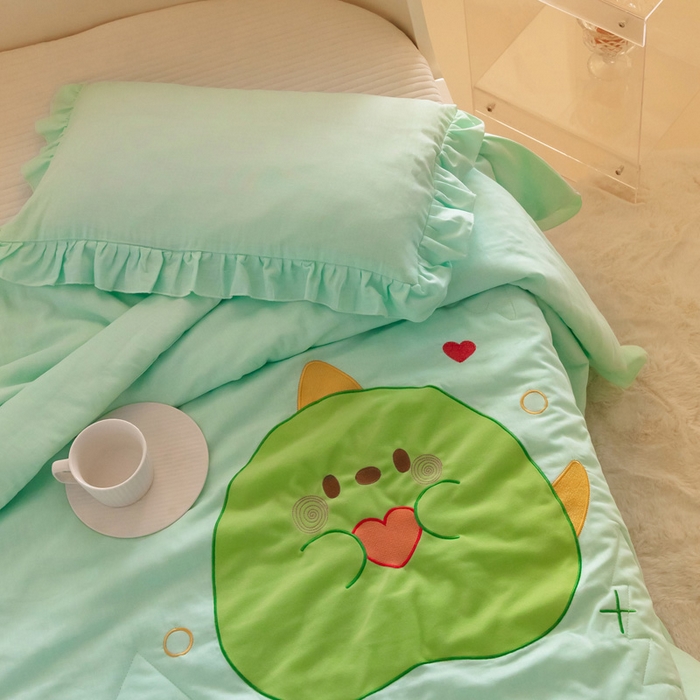 91家纺网 家纺一手货源 找家纺 喜多兔 2023新款小轻柔纱布纯棉双层纱空调被 绿色Q恐龙