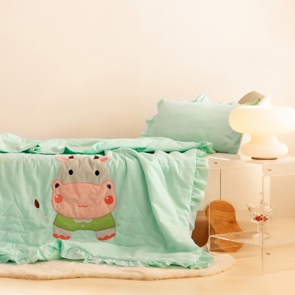喜多兔 2023新款小轻柔纱布纯棉双层纱空调被 绿色萌小牛
