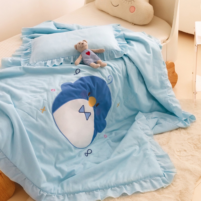 91家纺网 家纺一手货源 找家纺 喜多兔 2023新款小轻柔纱布纯棉双层纱空调被 蓝色Q企鹅