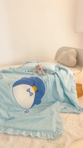 91家纺网 家纺一手货源 找家纺 喜多兔 2023新款小轻柔纱布纯棉双层纱空调被 蓝色Q企鹅