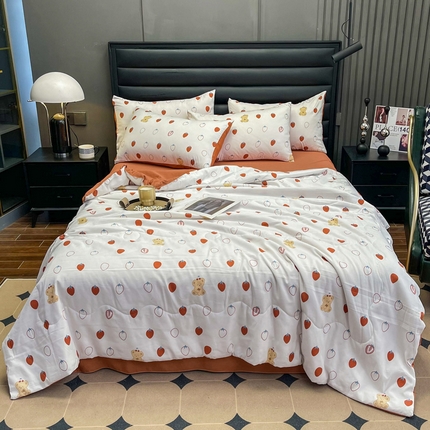 91家纺网 家纺一手货源 找家纺 仟网汇 2023新款棉麻水洗印花夏被四件套 夏被四件-草莓串串