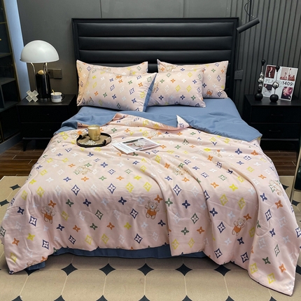91家纺网 家纺一手货源 找家纺 仟网汇 2023新款棉麻水洗印花夏被四件套 夏被四件-路易粉