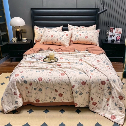 91家纺网 家纺一手货源 找家纺 仟网汇 2023新款棉麻水洗印花夏被四件套 夏被四件-洗颜粉