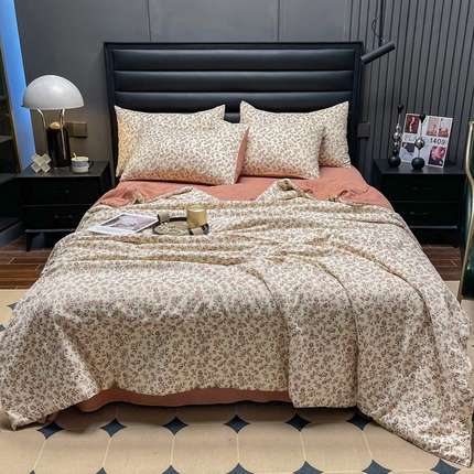 91家纺网 家纺一手货源 找家纺 仟网汇 2023新款棉麻水洗印花夏被四件套 夏被四件-小微粉