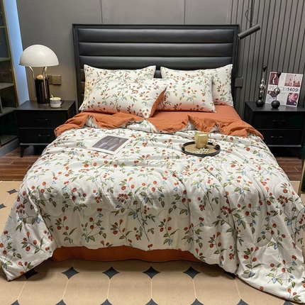 91家纺网 家纺一手货源 找家纺 仟网汇 2023新款棉麻水洗印花夏被四件套 夏被四件-枇杷