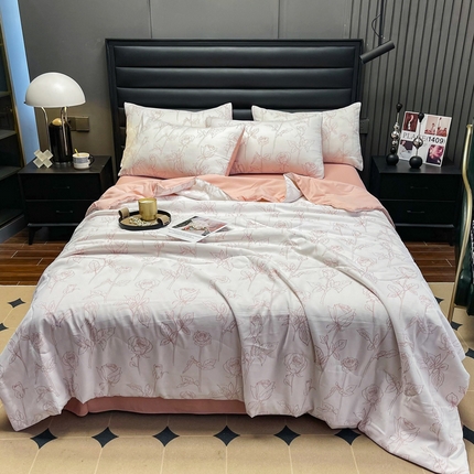 91家纺网 家纺一手货源 找家纺 仟网汇 2023新款棉麻水洗印花夏被四件套 夏被四件-粉玫瑰