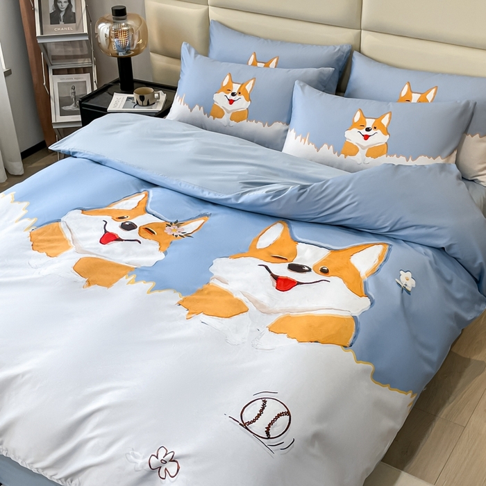 91家纺网 家纺一手货源 找家纺 安莱生活 2023新款长绒棉数码大版数码印花居家高级风四件套 柯基