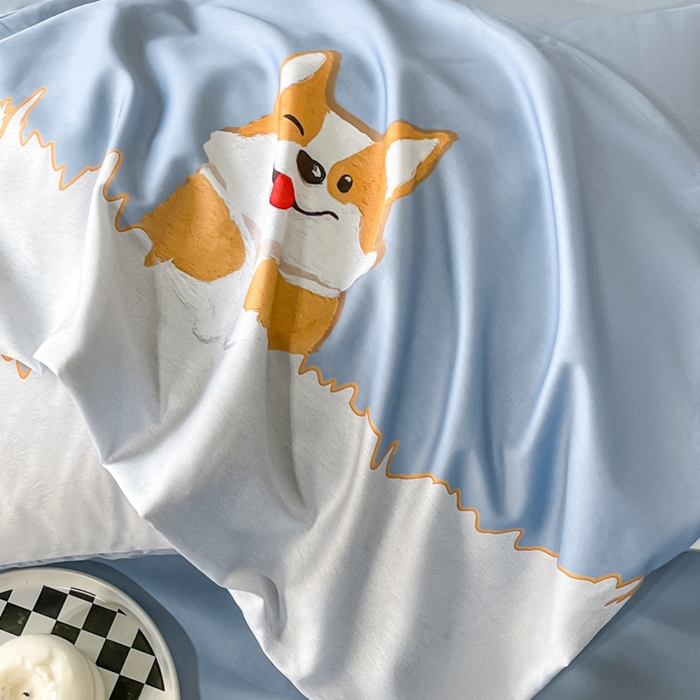 91家纺网 家纺一手货源 找家纺 安莱生活 2023新款长绒棉数码大版数码印花居家高级风四件套 柯基