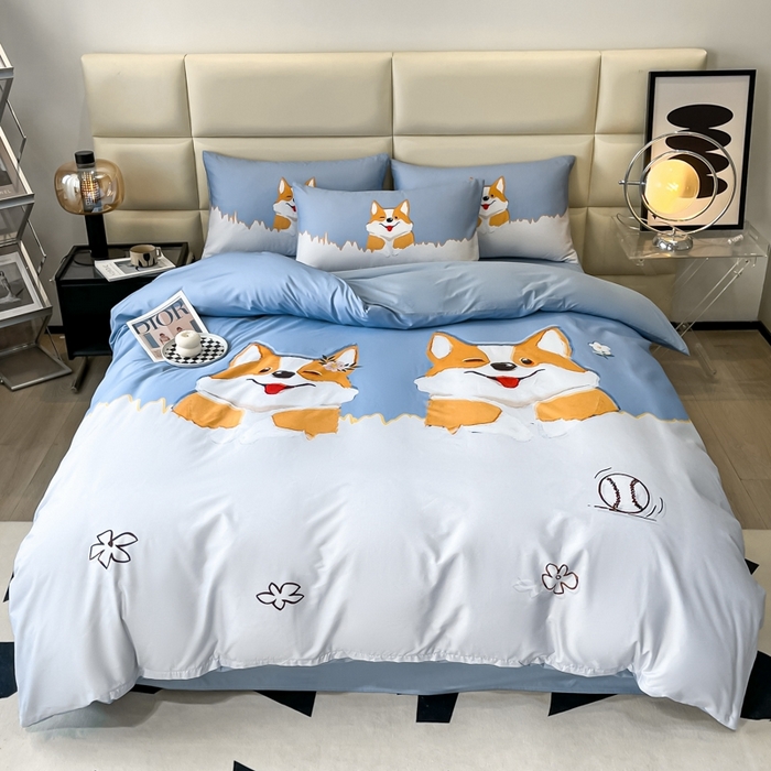 91家纺网 家纺一手货源 找家纺 安莱生活 2023新款长绒棉数码大版数码印花居家高级风四件套 柯基