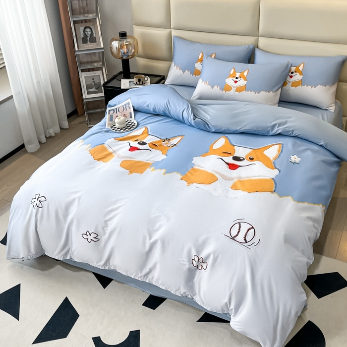 91家纺网 家纺一手货源 找家纺 安莱生活 2023新款长绒棉数码大版数码印花居家高级风四件套 柯基