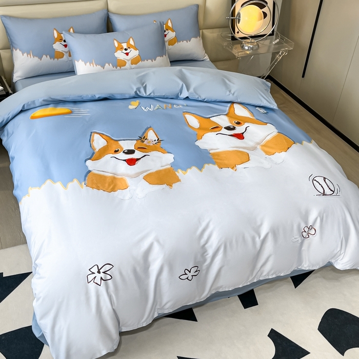 91家纺网 家纺一手货源 找家纺 安莱生活 2023新款长绒棉数码大版数码印花居家高级风四件套 柯基