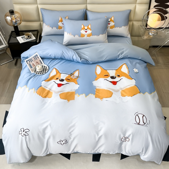 91家纺网 家纺一手货源 找家纺 安莱生活 2023新款长绒棉数码大版数码印花居家高级风四件套 柯基