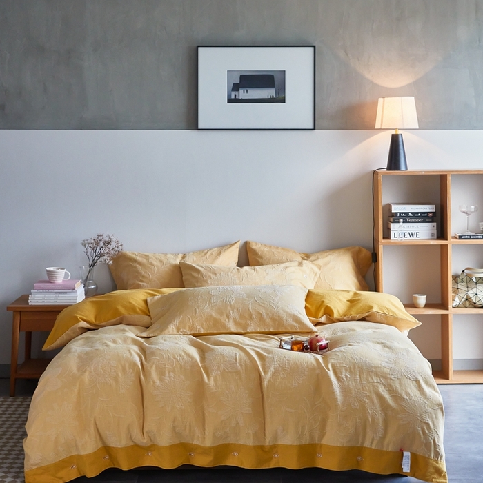 91家纺网 家纺一手货源 找家纺 安莱生活2023新品双层纱大提花高奢工艺款四件套馥香系列 馥香--黄色