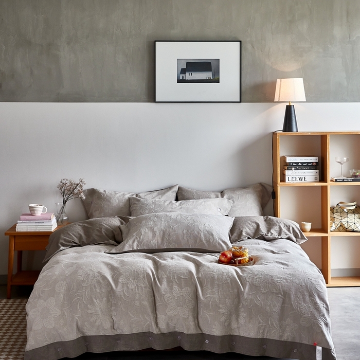 91家纺网 家纺一手货源 找家纺 安莱生活2023新品双层纱大提花高奢工艺款四件套馥香系列 馥香--浅灰