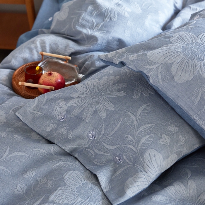 91家纺网 家纺一手货源 找家纺 安莱生活2023新品双层纱大提花高奢工艺款四件套馥香系列 馥香--蓝色